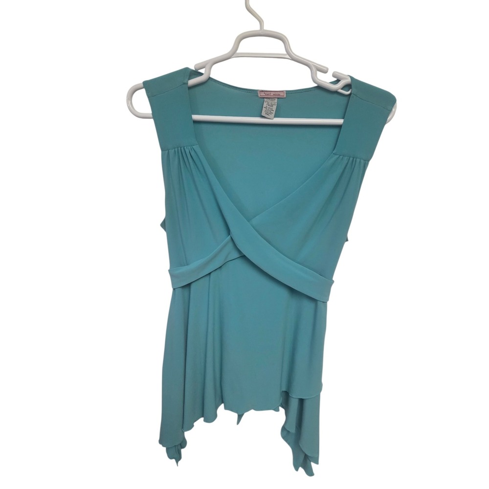 Y2K‎ Teal Blue Surplice Back Tie Handkerchief Hem Blouse PXL